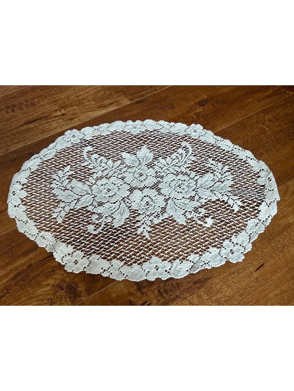 Vintage Oval White Lace Doily with Floral Pattern